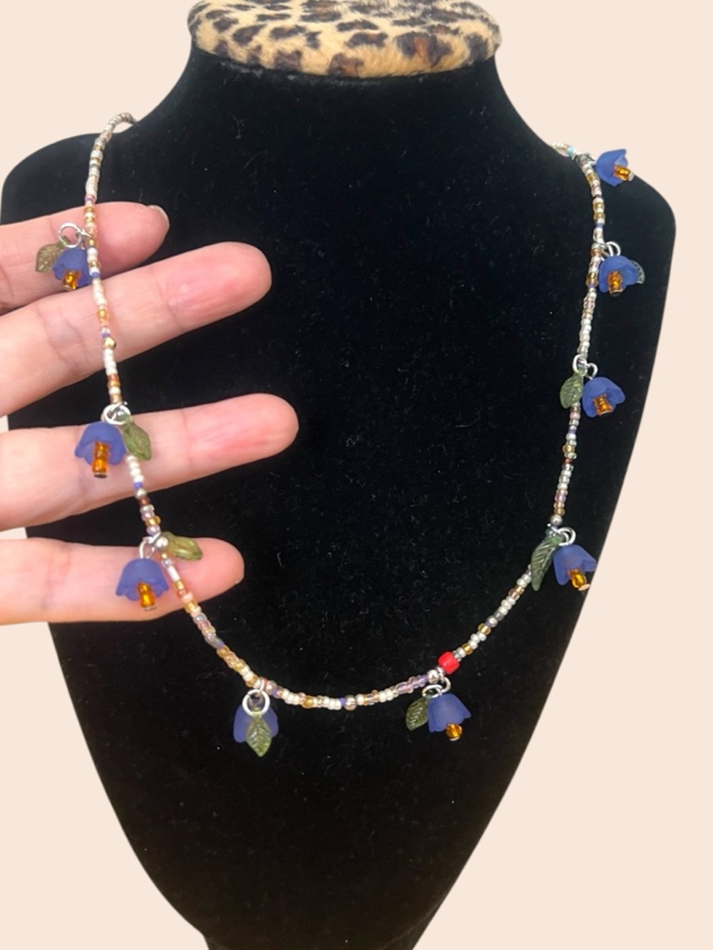 Blue Flower Beaded bohemian Necklace 36.” Long - Delicate Floral Charm